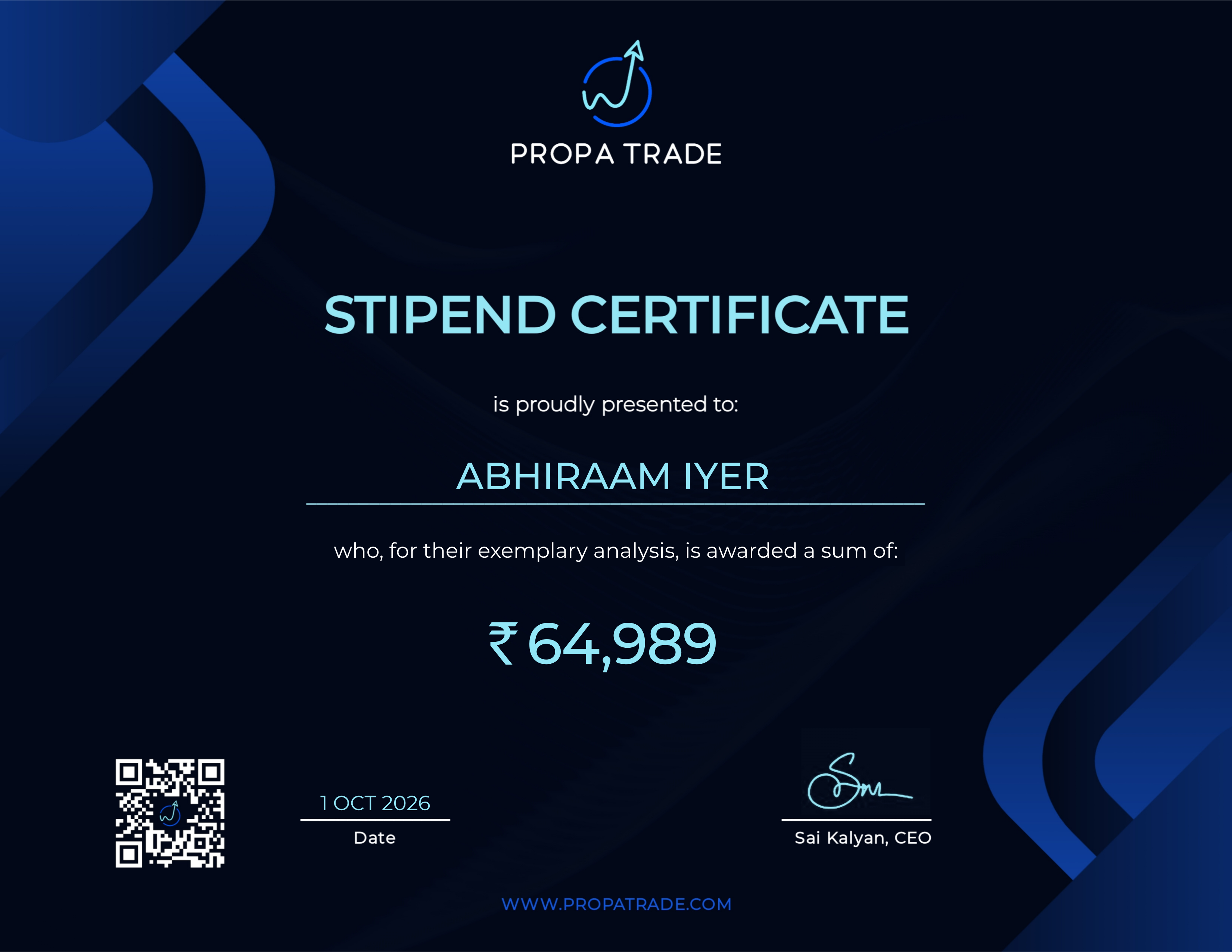Reward Certificate - Abhiraam Iyer